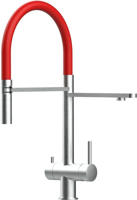 VIZIO 3-Wege Küchenarmatur aus Edelstahl mit 360 Grad schwenkbarem Auslauf und abnehmbarer 2-Strahl Handbrause, gebürstet, Silber/Rot - Bild 1