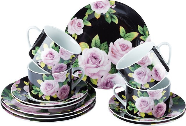 Genialo Kaffee-Service Black-Rose aus Porzellan, 12-teilig, floral in Schwarz, Pink und Grün - Bild 1