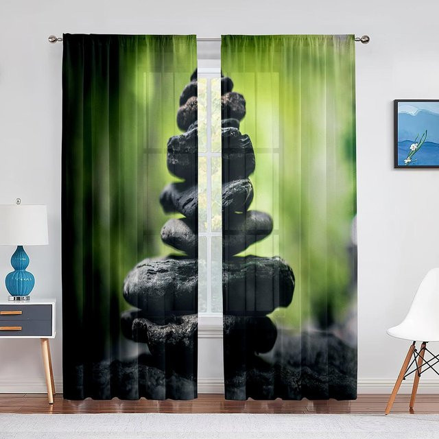 Zen Spa Transparente Tüllvorhänge mit Blumenmuster und Bambus-Design, Farbe Schwarz, Breite: 100 cm, Höhe: 250 cm - Bild 1