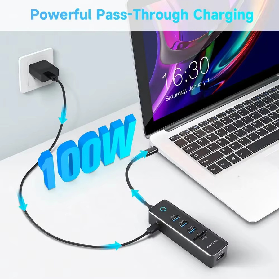 RSHTECH USB-C-Hub-Dongle-Adapter in Silber/Grau mit 4K HDMI, 3x USB 3.0, 100W PD und SD/TF-Kartenleser aus Aluminium für PC und Laptop - Bild 3