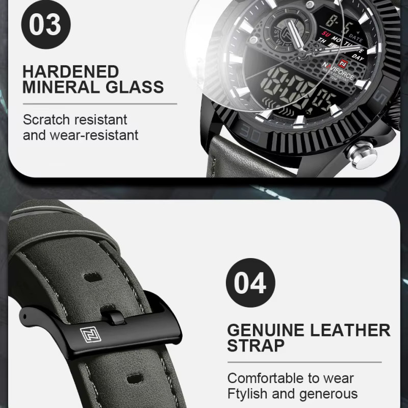 NAVIFORCE Digitaluhr, Quarz, Lederarmband, Schwarz, Herren - Bild 5