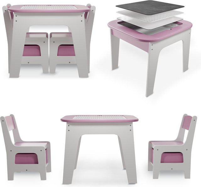 Juskys Kindersitzgruppe Milou aus Holz mit Tisch, 2 Stühlen und Stauraum in Rosa - Bild 1