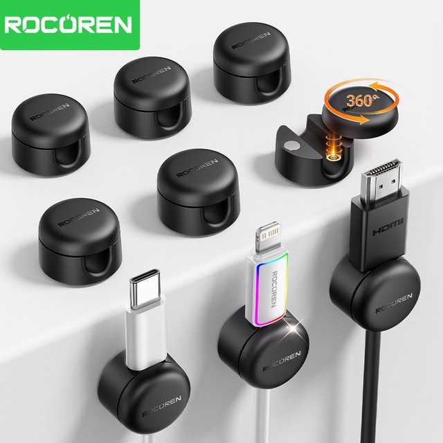 Rocoren 360 Grad rotierender magnetischer Kabelorganisator in Schwarz mit selbstklebenden Kabelclips und verstellbarem Kabelhalter für unter dem Schreibtisch - Bild 1