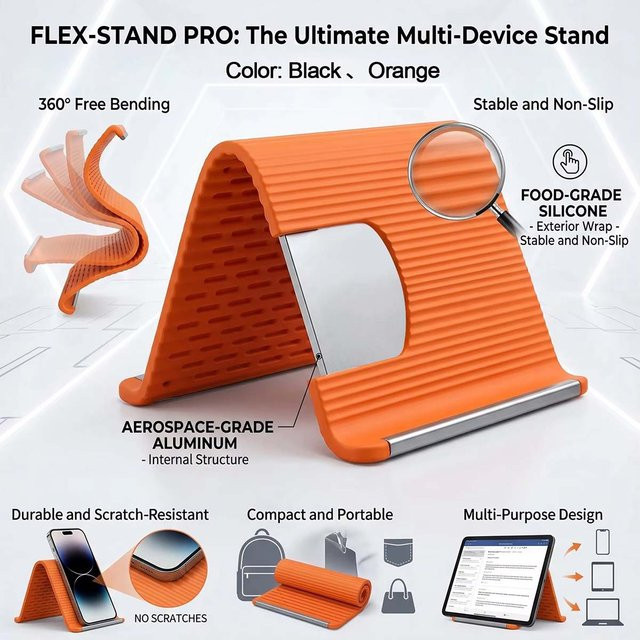 Tragbarer faltbarer Silikon-Handyhalter in Schwarz und Orange, verstellbarer Ständer für iPhone, Samsung und alle Mobiltelefone - Bild 1