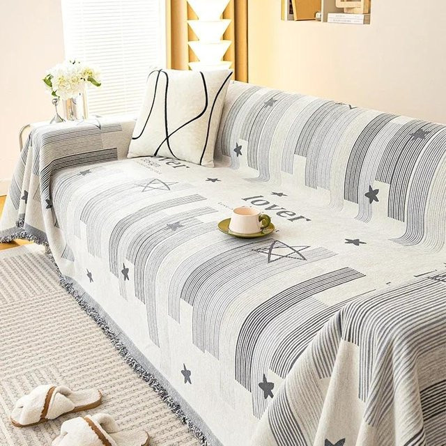 Nordische Sofadecke mit Quaste in Grau, Baumwoll-Jacquard Überwurf für Sofa und Bett, B/B: 180 x 130 cm - Bild 1