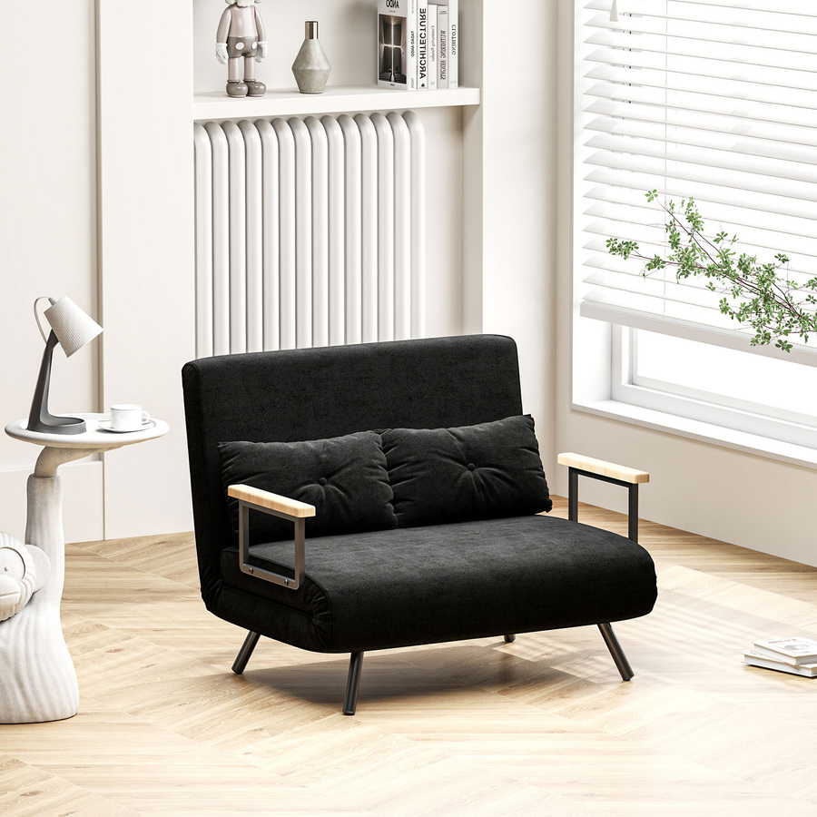 HOMCOM 2-Sitzer-Schlafsofa 4-in-1 mit 5-fach verstellbarer Rückenlehne, gepolstertes Sofa mit Samtbezug und 2 Kissen, Schwarz - Bild 2