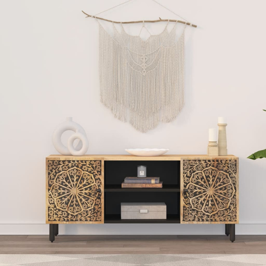 vidaXL TV-Schrank aus massivem Mangoholz im Retro-Stil mit Blumenmuster, Braun, B/T/H: 105 x 33 x 46 cm - Bild 5