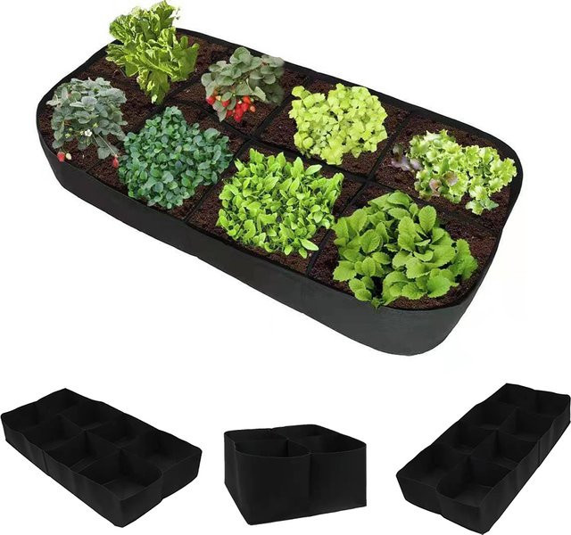 Rechteckiger Pflanzbeutel aus Filz in Schwarz für Gemüse und Blumen als erhöhtes Gartenbett mit mehreren Taschen - Bild 1