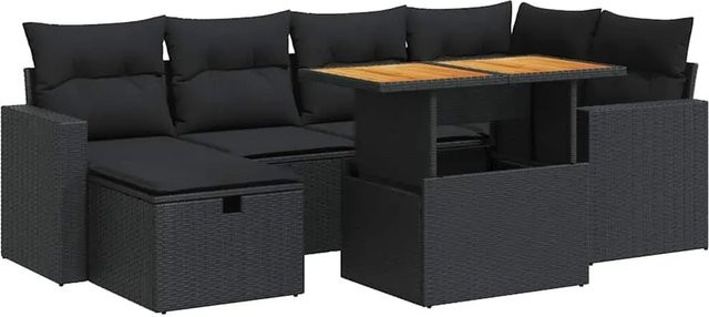 vidaXL 8-teilige Garten-Sofagarnitur in L-Form aus Poly-Rattan mit Kissen in Schwarz und Beige - Bild 1