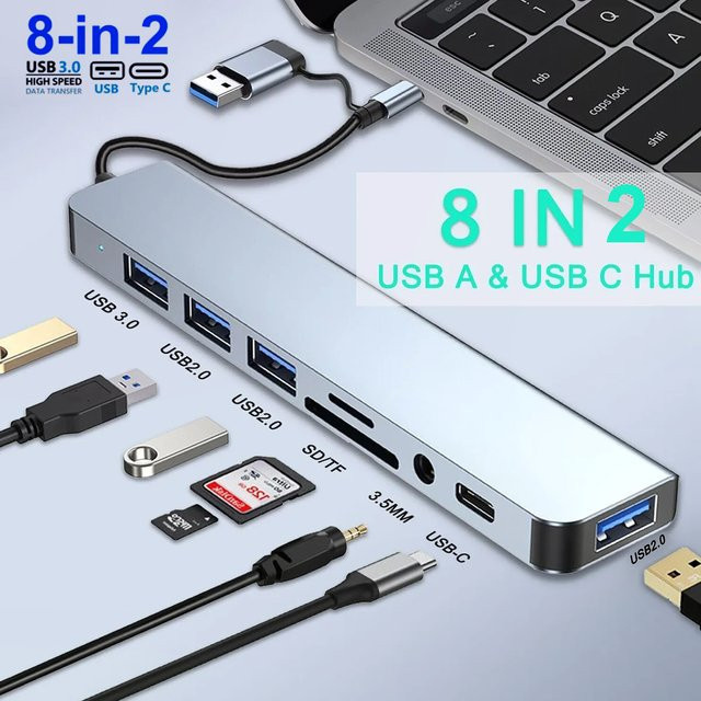 Congdi USB C Hub 8 in 2 Adapter in Silber mit 2 USB 3.0 Ports, 3,5 mm Audio-Buchse sowie SD und TF Kartenleser für MacBook Pro, iPad Pro, iPhone und Laptop - Bild 1