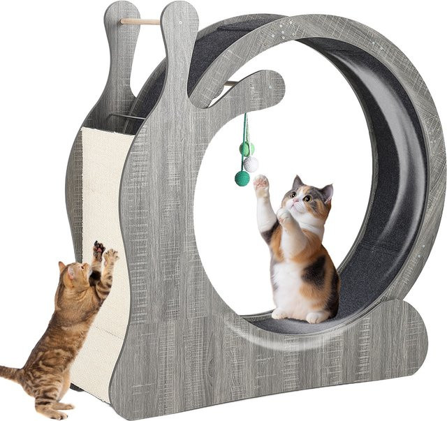 HiMISS Geräuschloses Katzen-Laufrad aus Holz in Grau mit Sisal-Kratzmatte und Hängespielzeug - Bild 1
