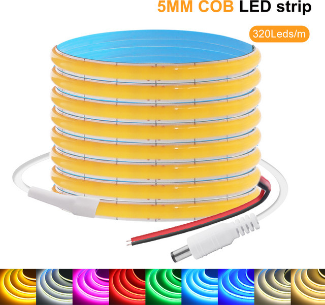 GAHADA COB-LED-Streifen flexible lineare Lichtleiste mit hoher Dichte, 320 LEDs/m, 5 mm Breite, DC 5 V 12 V, Farben: Weiß, Rot, Grün, Blau - Bild 1