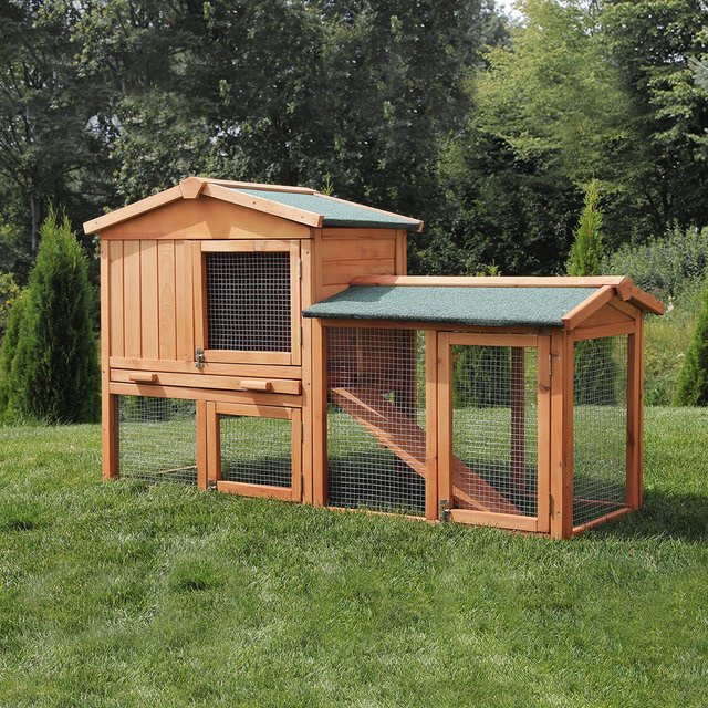 MyAnimal Hasenstall MH-03 Doppelstockhaus mit Garten und Freilauf aus Kiefernholz in Braun - Bild 1