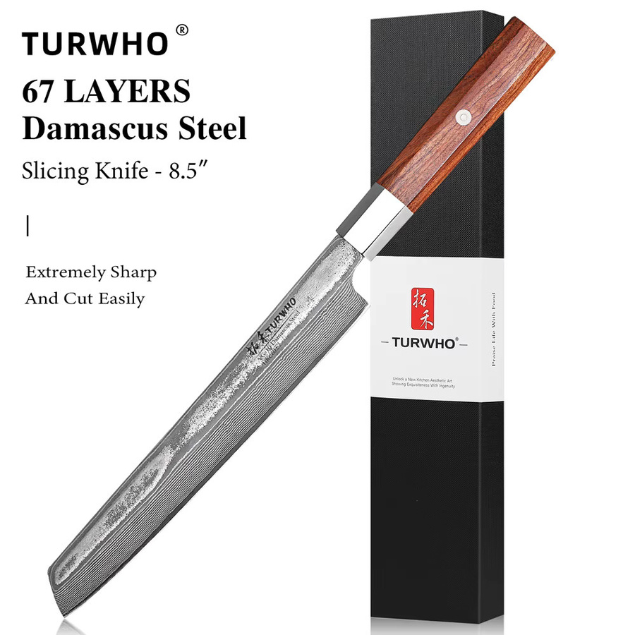 TURWHO Damaszener Stahl Schneidemesser, handgefertigtes japanisches Schnitzmesser und Sashimi-Fleischbeil mit Holzgriff, 21,59 cm - Bild 6