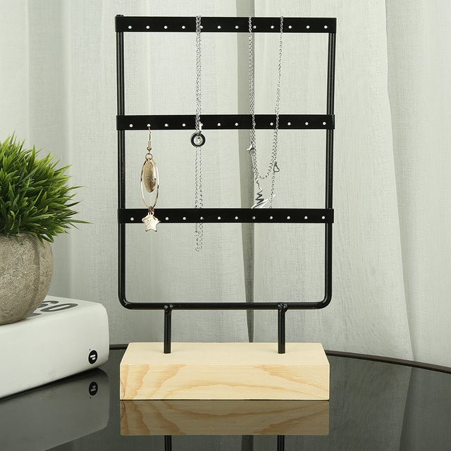 Schmuckaufbewahrungsregal aus Metall mit 36 Löchern und Holzsockel für Ohrringe und Halsketten, minimalistisches Design für den Tisch - Bild 1