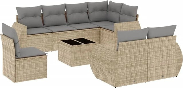 vidaXL 9-tlg. Garten-Sofagarnitur in L-Form aus beige farbenem Poly-Rattan mit Kissen und pulverbeschichtetem Stahlgestell - Bild 1