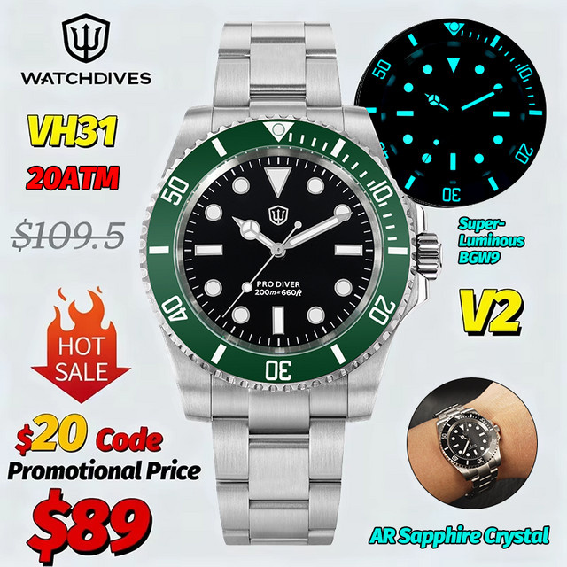Watchdives Armbanduhr, Quarz, Edelstahl, Saphirglas, Herren - Bild 1