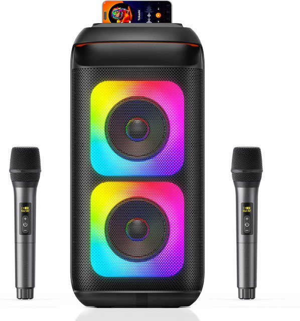 FanFun T37 Karaoke-Maschine in Schwarz mit 2 kabellosen Mikrofonen und Dual-8-Zoll-Subwoofern, tragbare Bluetooth Karaoke-Boombox - Bild 1