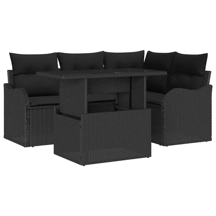 vidaXL Garten-Sofa-Set aus Poly-Rattan in Schwarz, 5-teiliges L-Shape Set mit Tisch, Eckstühlen, Sofas mit Armlehnen und Kissen - Bild 2