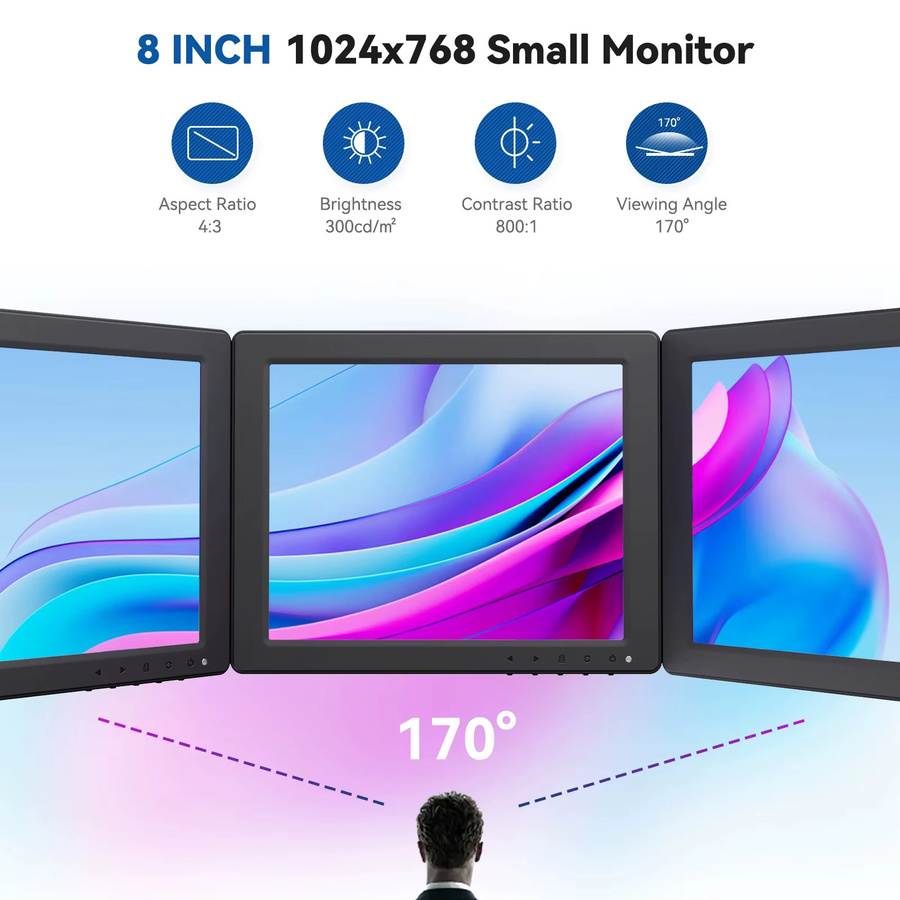Eyoyo 8 Zoll LCD-Monitor mit IPS-Display, 1024x768 Auflösung, HDMI VGA AV BNC Eingang, Schwarz - Bild 2