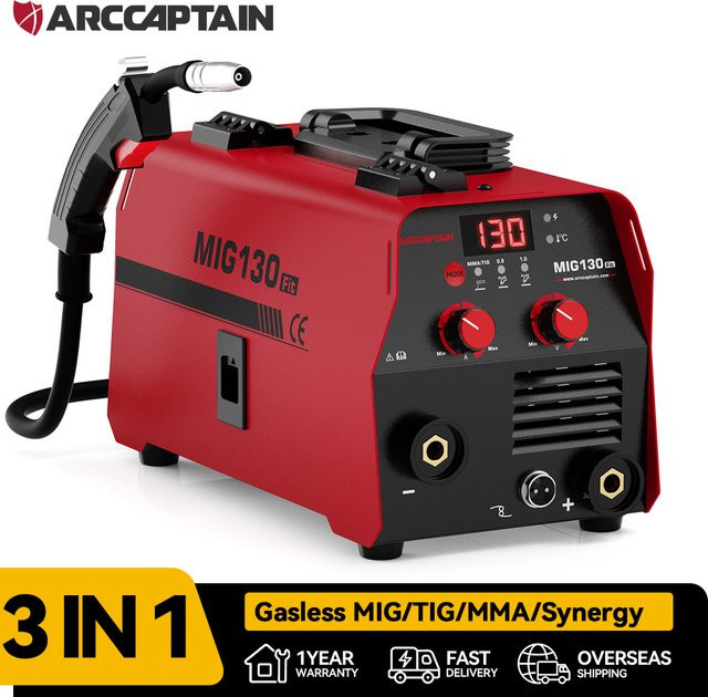ARCCAPTAIN 3 in 1 Schweißgerät Rot, Halbautomatische MIG/MAG/Lift TIG/MMA Synergie-Lötmaschine ohne Gas mit selbstschützendem Draht, 230V, 130A - Bild 1