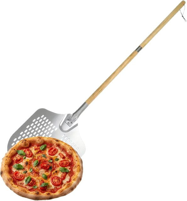 Relaxdays Pizzaschieber aus Aluminium und Eichenholz in Silber, perforiert und längenverstellbar, Breite: 30,5 cm, Höhe: 132 cm - Bild 1