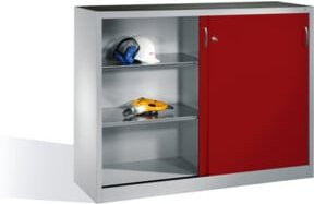 C+P Werkzeug-Beistellschrank mit Schiebetüren und 2 Einlegeböden, Front Rubinrot, Korpus Lichtgrau, H: 120 cm, B: 160 cm, T: 40 cm - Bild 1