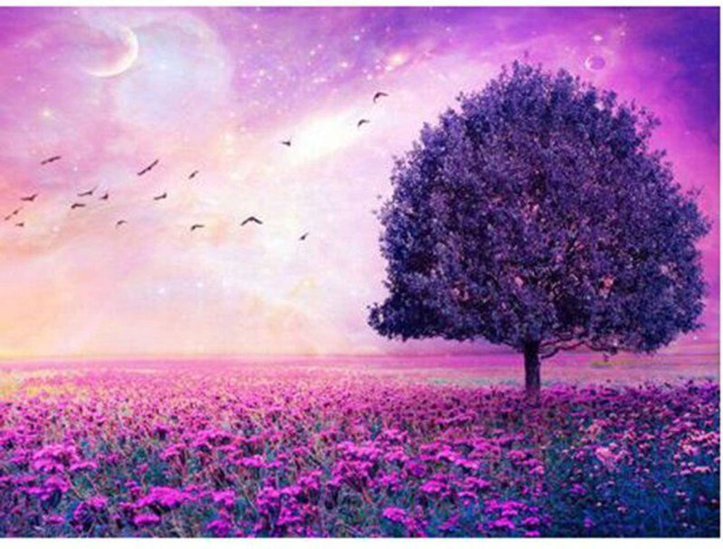 FIYO Diamond Painting Set 5D DIY Landschaft mit lila Lavendel-Bäumen, Rechteckige Stickerei mit runden Diamanten, B/H: 20 x 30 cm - Bild 1