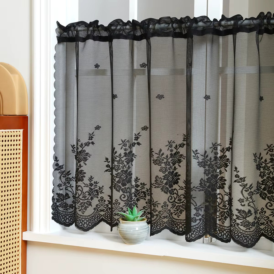 Kurzer Vorhang aus schwarzer Spitze mit Blumenmuster und Tüll-Design für die Küche, Breite: 90 cm, Höhe: 100 cm - Bild 2