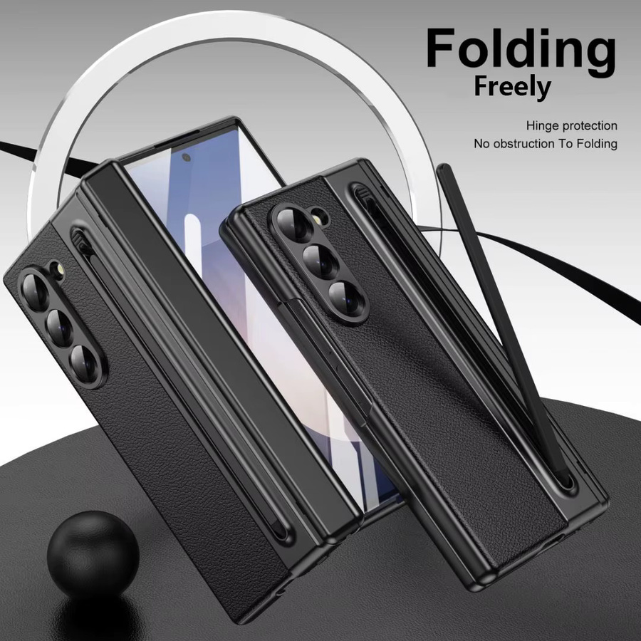 veekhool Leder-Handyhülle mit S Pen Halterung, Scharnierschutz und Displayschutz für Samsung Galaxy Fold6, Fold5 und Fold4 in Schwarz und Gold - Bild 4