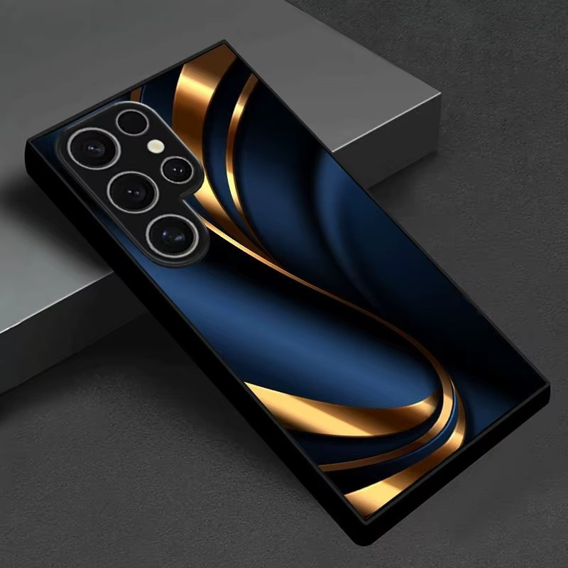 Metallische Glas-Handyhülle für Samsung Galaxy S26 S25 S24 S23 S22 Ultra Plus FE 5G mit Goldband und blauem Hintergrundmuster - Bild 2