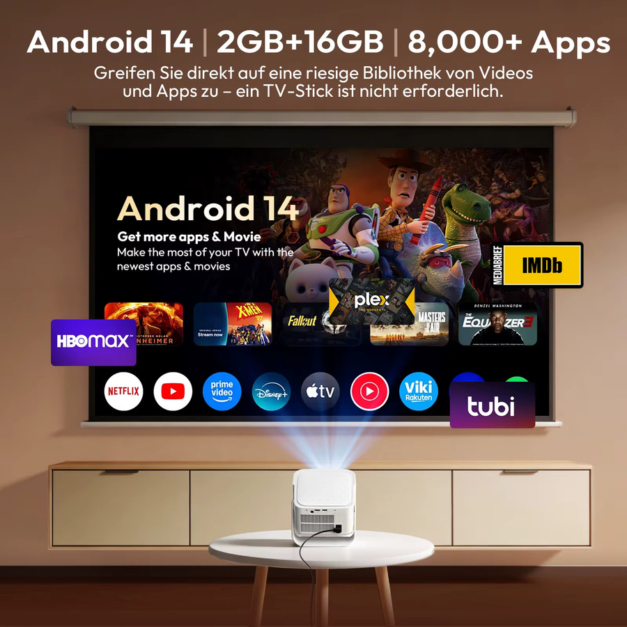 XGODY 8K Heimkino Projektor mit Android 14.0, 900 ANSI, Autofokus, Trapezkorrektur und Gimbal in Weiß - Bild 6