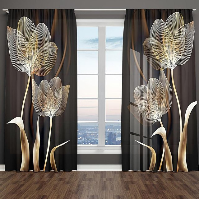 Yiran Furniture Vorhangset mit Blättermuster aus Polyester, 2er-Pack, semi-transparent, Breite: 70 cm, Höhe: 185 cm - Bild 1
