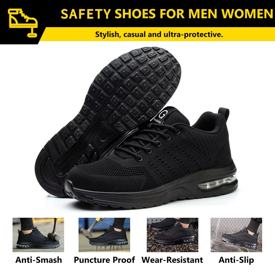 Quanzixuan Sicherheitsschuhe mit Stahlkappe und Air-Kissen in Schwarz, atmungsaktive Arbeitssneaker für Männer und Frauen mit Anti-Smash und Anti-Punktion Schutz - Bild 4