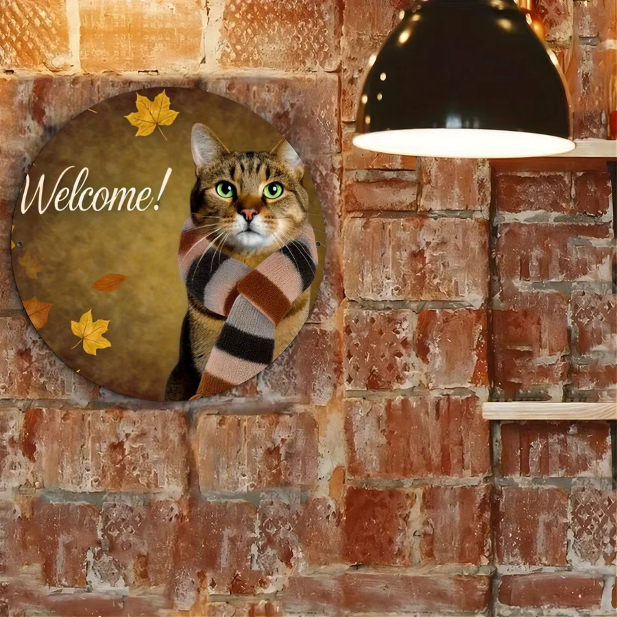 Potdemiel Rundes Metallschild Herbst-Katze mit Schal-Design, Wandkunst aus Eisen, Durchmesser: 20,32 cm, Mehrfarbig - Bild 5