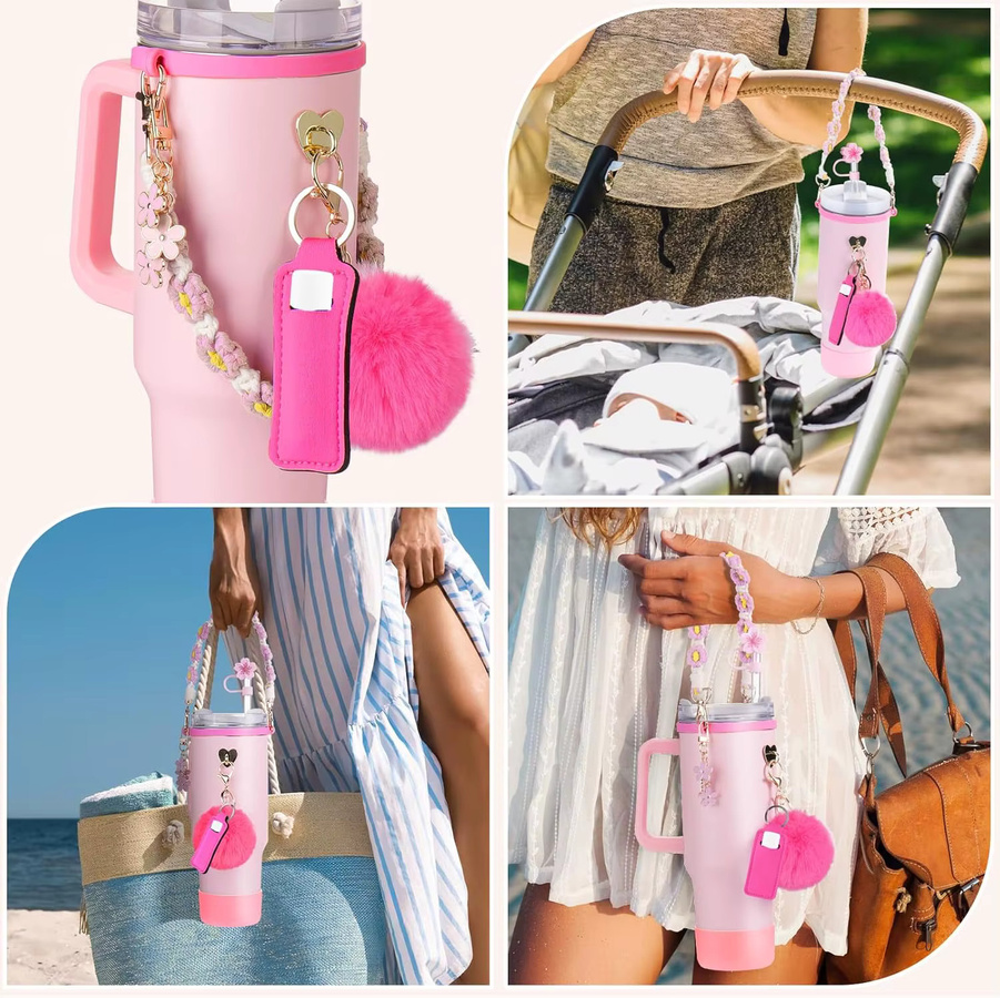 Upors 8-teiliges Tassenzubehör Set für Stanley 30/40oz Tumbler mit Griffband, Chapstick Holder, Boot, Schlüsselanhänger, Charms und Stroh Topper in Blau und Pink - Bild 2