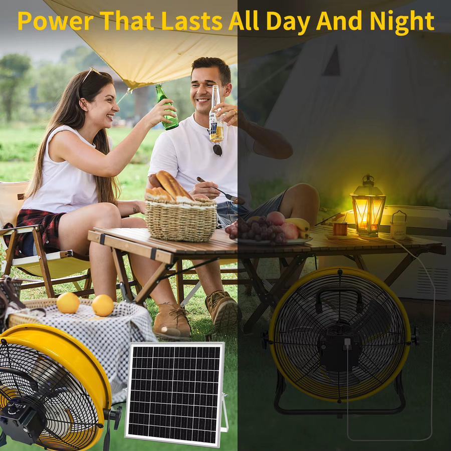 T-SUNRISE Tragbarer 12-Zoll-Tischventilator in Gelb mit Solarpanel und AC-Ladegerät für Camping und Haushalt, Durchmesser: 30,48 cm - Bild 5
