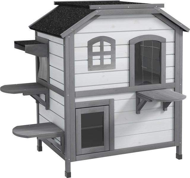 Aosom PawHut Katzenhaus aus Holz in Weiß, wetterfeste Outdoor Katzenhütte mit 2 Etagen und Treppe, B/T/H: 78 x 55,5 x 91 cm - Bild 1