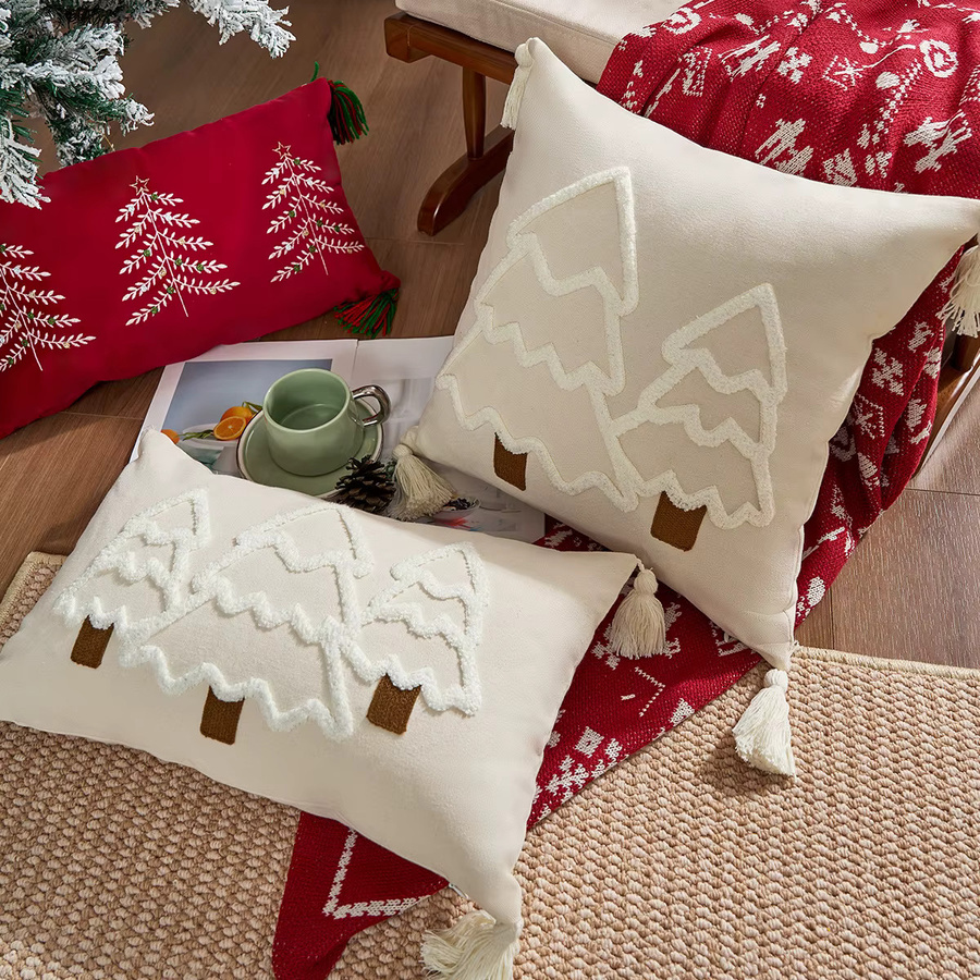 Inyahome Stickerei-Kissenbezug aus Leinen in Kongxin Rot mit Weihnachtsbaum-Motiv für dein Wohnzimmer, B/H: 45 x 45 cm oder 50 x 30 cm - Bild 1