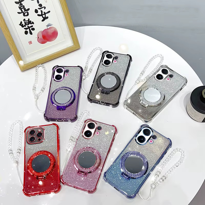 Stoßfeste Handyhülle von LIEI für Vivo V60 5G T4 Pro mit Glitzer-Effekt, Spiegelständer und Perlenband in Pink - Bild 1