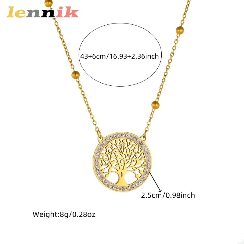 LENNIK Schmuck-Set, Baum des Lebens Anhänger, Ohrstecker, Halskette, Edelstahl, Gold, Zirkonia - Bild 3