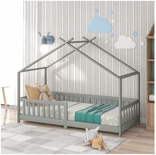 Kinderbett MUVOE aus Massivholz Kiefer mit Rausfallschutz in Grau, B/T: 90 x 200 cm - Bild 1