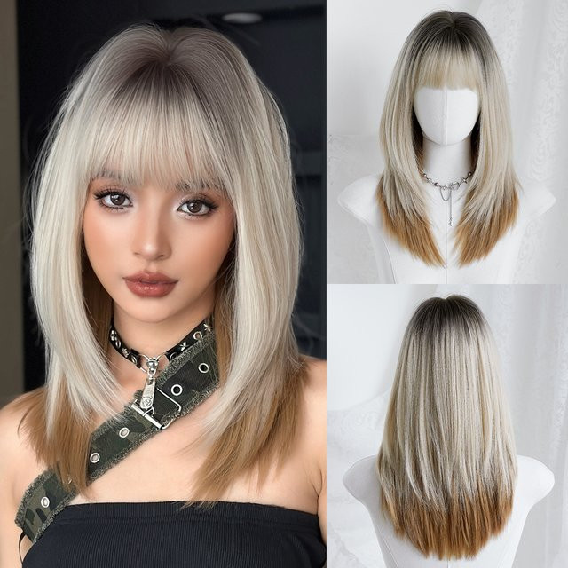 7JHH WIGS Perücke für Damen, schulterlang, gerade, beige-braun, Ombre, synthetisch, mit Pony - Bild 1
