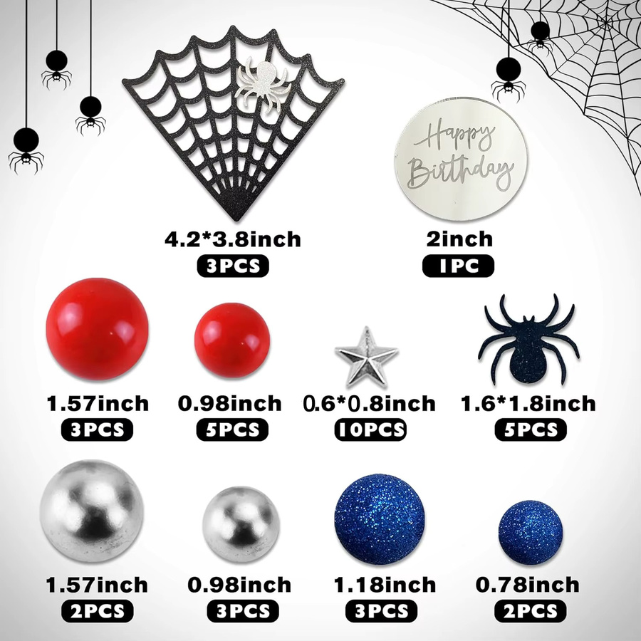 Spinnen-Thema Kuchendekoration, Cupcake-Topper, Stern, Rot, Silber, Blau - Bild 1