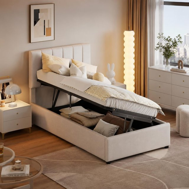 Rosahqnda Polsterbett Beige mit Stauraum und Lattenrost, Einzelbett B/T/H: 90 x 200 cm - Bild 1