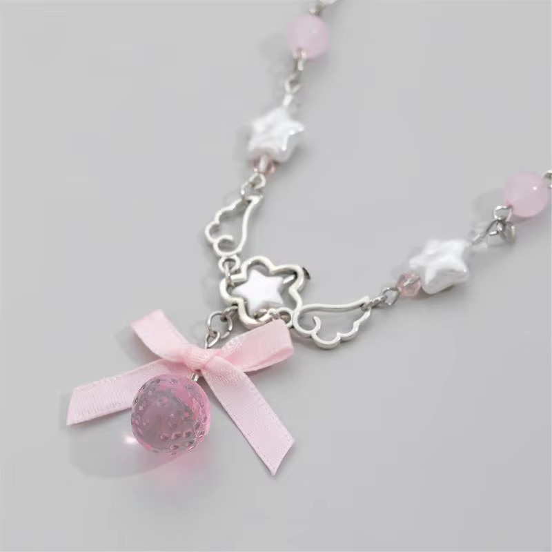 JAVRICK Halskette, Erdbeere, Pentagramm, Rosa Schleife, Weiß, Damen - Bild 3