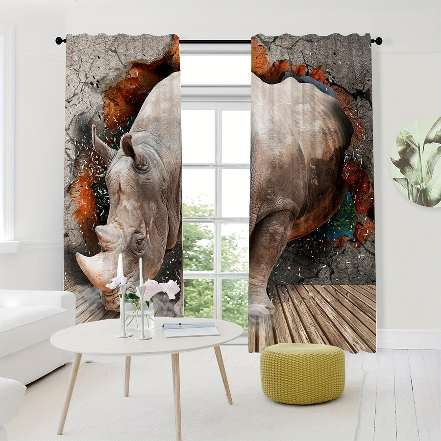 Yiran Furniture 2er-Set 3D Tier-Vorhänge mit Nashorn und Elefant, halbtransparent, Polyester, Mehrfarbig, B: 50 cm, H: 130 cm - Bild 2
