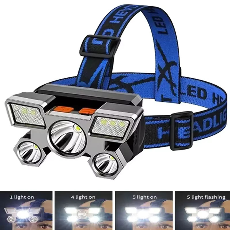 XIWANGFIRE 5LED Hochleistungs-Stirnlampe, superhelle wiederaufladbare LED-Stirnlampe in Schwarz für Camping, Angeln und Bergbau - Bild 6