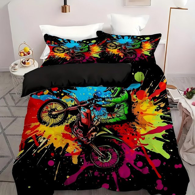 Bettwäscheset Lodestar mit Dirt Bike Motiv in Batik-Graffiti-Optik, Multicolor, B/H: 135 x 200 cm - Bild 1