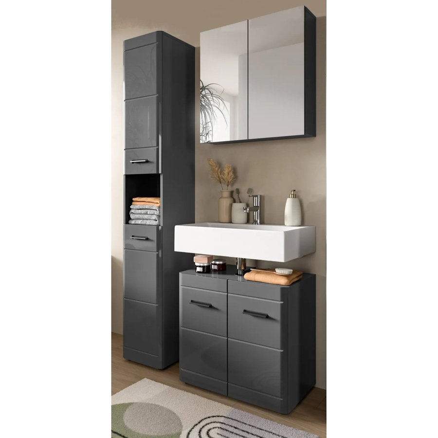 Inn.Furn Badmöbel-Set 3-teilig Grau Hochglanz mit Waschtischunterschrank, Spiegelschrank und Hochschrank sowie Soft-Close-Funktion, Breite: 105 cm, Höhe: 190 cm, Tiefe: 34 cm - Bild 2